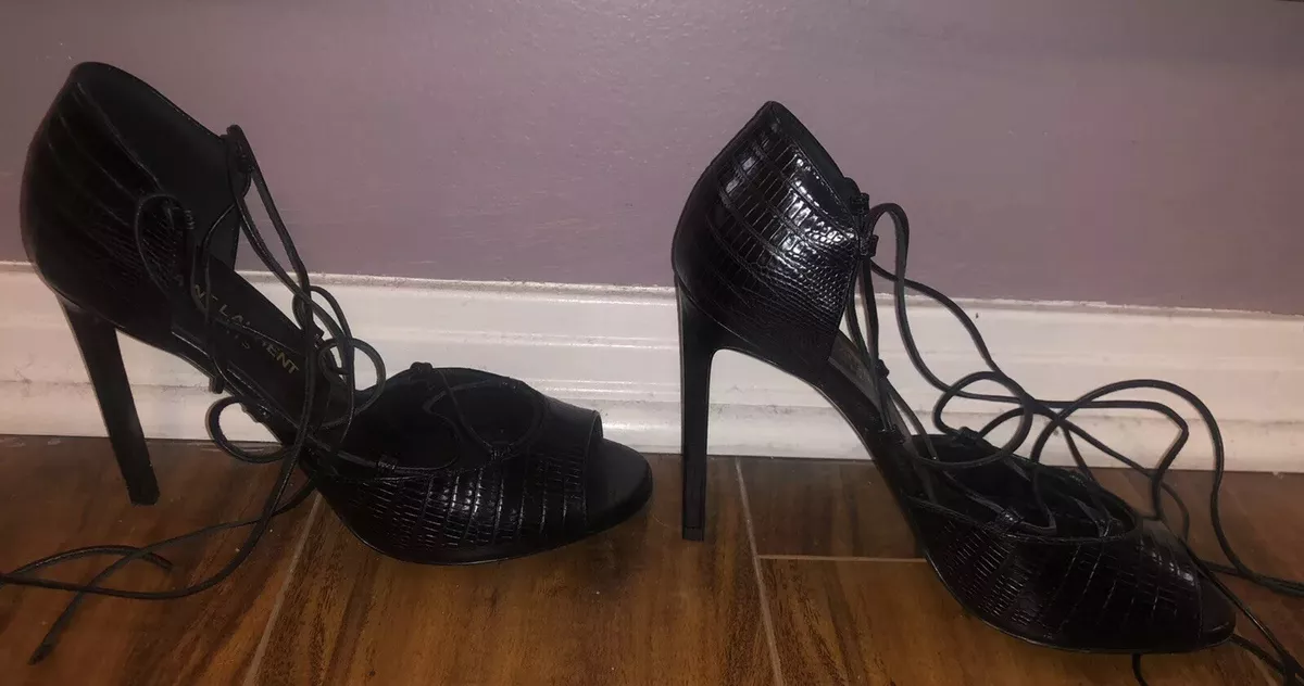 Saint Laurent Black Open Toe Tie Up Lace Up Heels Size 6 1 2