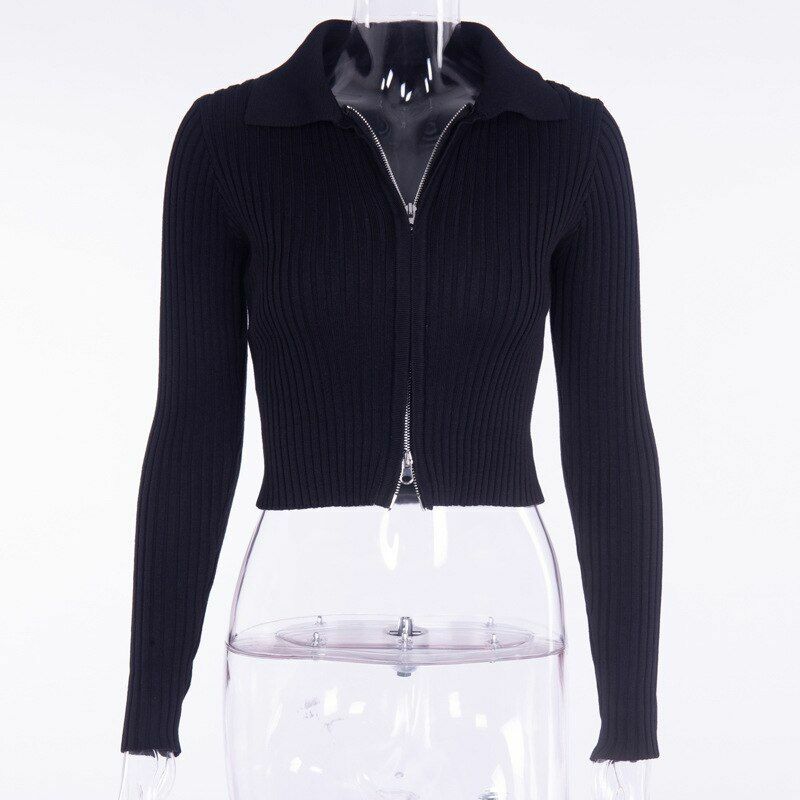 Dual Zipper Ribbed Sweater Stretch Knit 