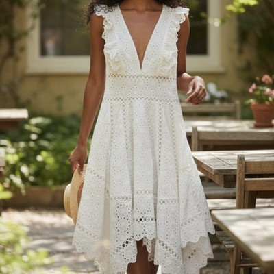 Few Moda White Broderie Anglaise Cotton Dress V Neck Ruffle Hankerchief Small 