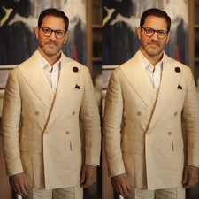 Beige Linen Men's Suits Peak Lapel Double Breasted Casual Wedding Groom Tuxedos