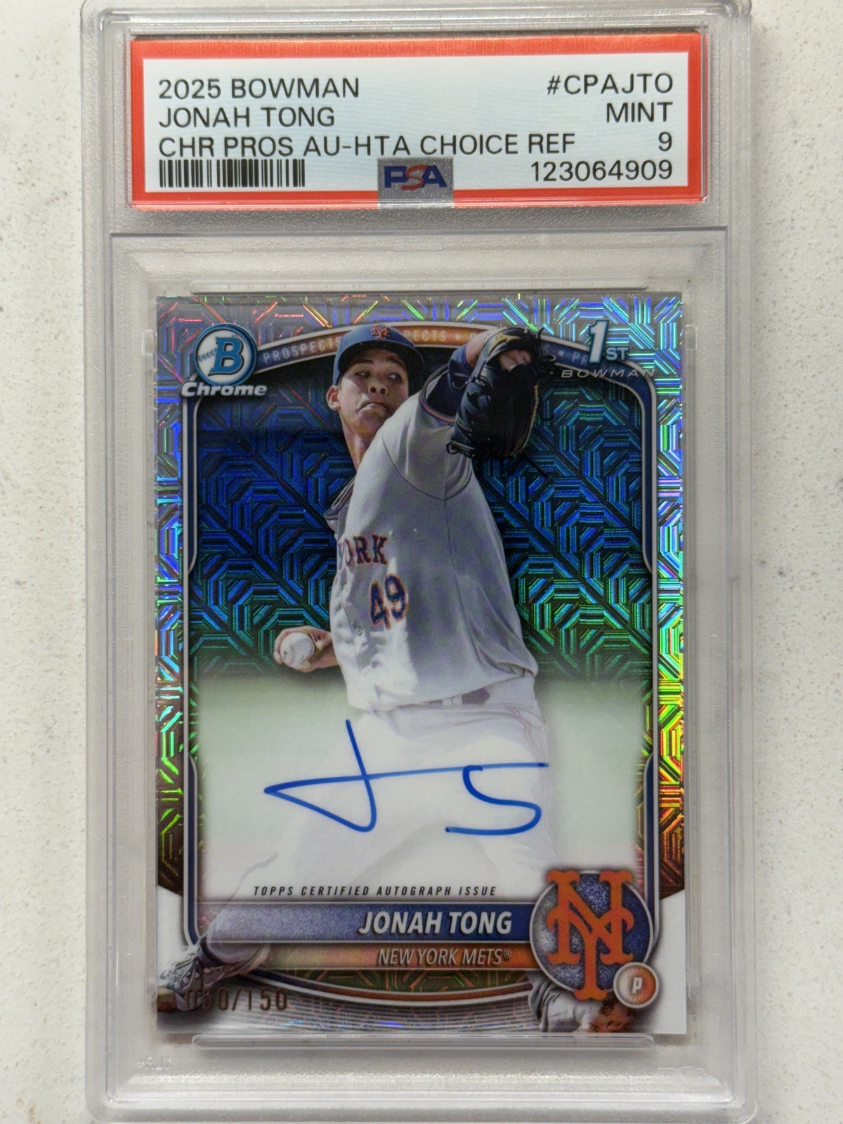 2025 Bowman Chrome 1st Jonah Tong Auto HTA Choice Refractor #50/150 PSA 9 Mets