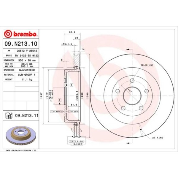 Brembo 2X Bremsscheibe Hinten Ø350 Mm FüR Jeep Grand Cherokee III WH 6.1 SRT8-image