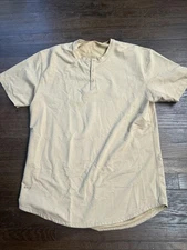 BYLT Drop Cut Henley Lux Shirt Men's XL Tan  Short Sleeve Curved Hem Casual