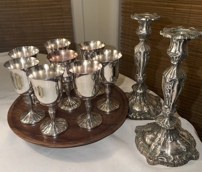 8 International Silver Co Wine Goblets 6   + 2 Candlestick Holders Party Wedding