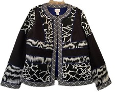 Chico's Black  White Design Blue Trim Open Front Jacket Size 1/M Long Sleeve