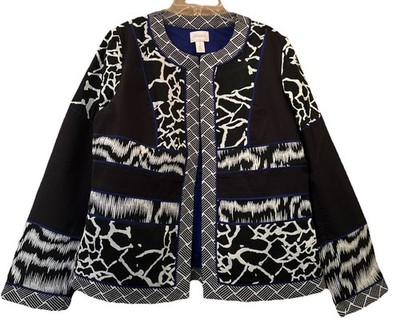 Chico's Black & White Design Blue Trim Open Front Jacket Size 1/M Long Sleeve