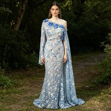 Blue Mermaid Prom Dresses Flowers Sequins Evening Dress Birthday Party Gowns