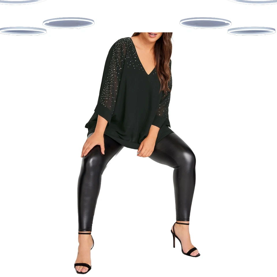 Ex Women's Plus Size Diamante Embellished Cape Top in Black (Defect) - Image 4 of 4