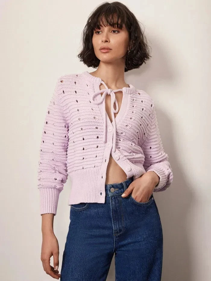 Mint Velvet Openwork Tie Neck Cardigan Size M 12 Lilac Chunky Knit Cotton - Image 3 of 4