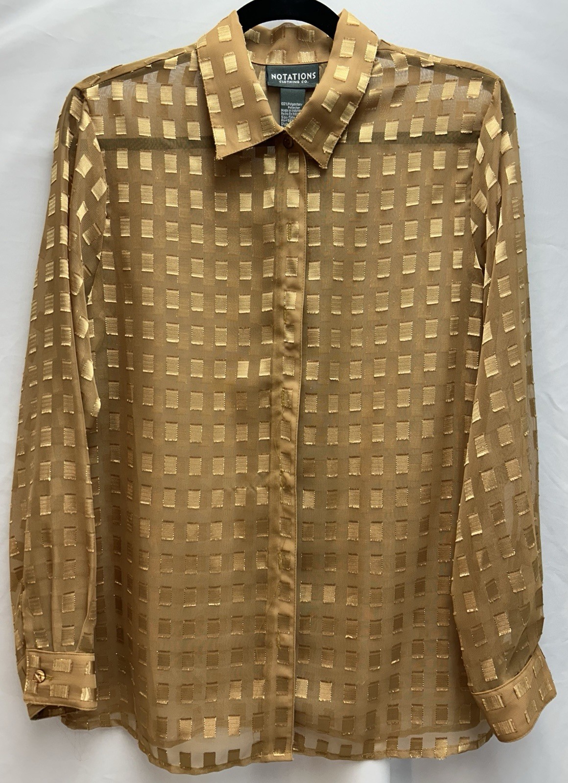 Notations Sheer Gold Blouse Button Front Long Sle… - image 1