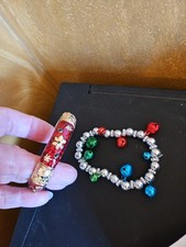 Christmas Bracelets One Silver-tone Has Bells, Gold-toned Garland 6.5" Around