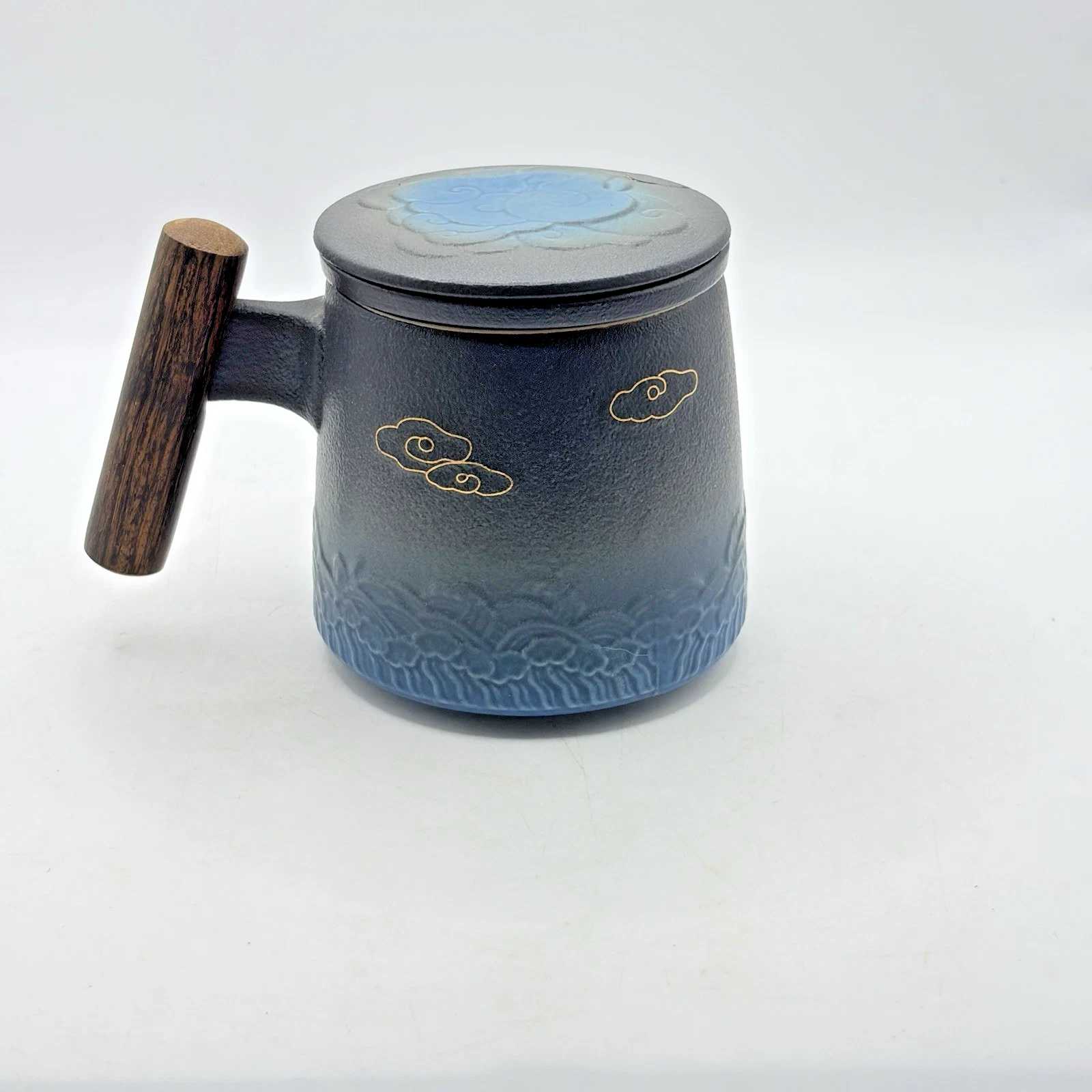 Embossed Ceramic Tea Mug W/ Infuser & Lid 14.5 oz Wooden Handle Loose Leaf Tea
