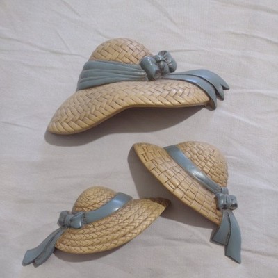 Vintage Burwood Straw Hat Wall Plaques Set of 3 Farmhouse Cottagecore Decor 