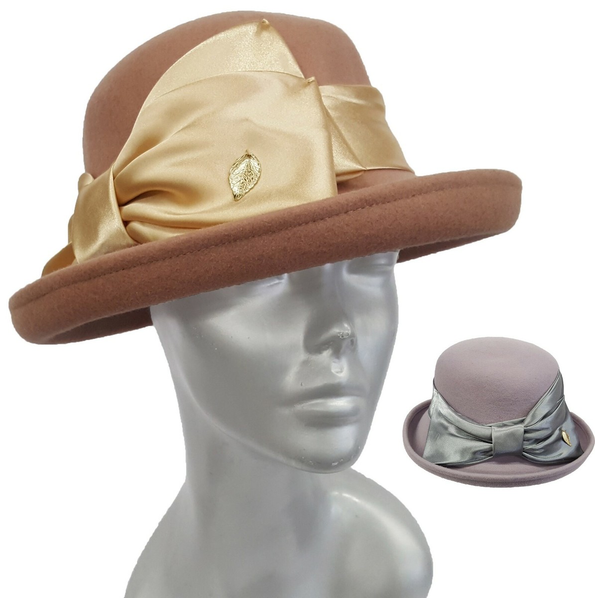 Women 100% wool felt cloche Church formal Hat grey brown  display picture 1