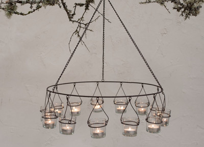 Lrg Rustic Metal Tea Light Circular Hanging Chandelier Candle