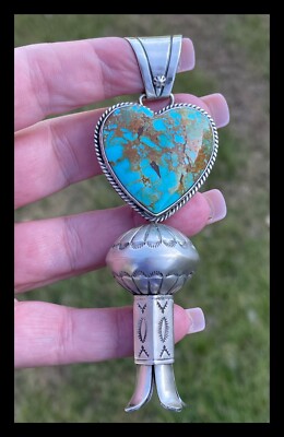 NAVAJO~LARGE ~SS ~4 IN LONG~ KINGMAN TURQUOISE ~SQUASH PENDANT~ELOUISE RICHARDS