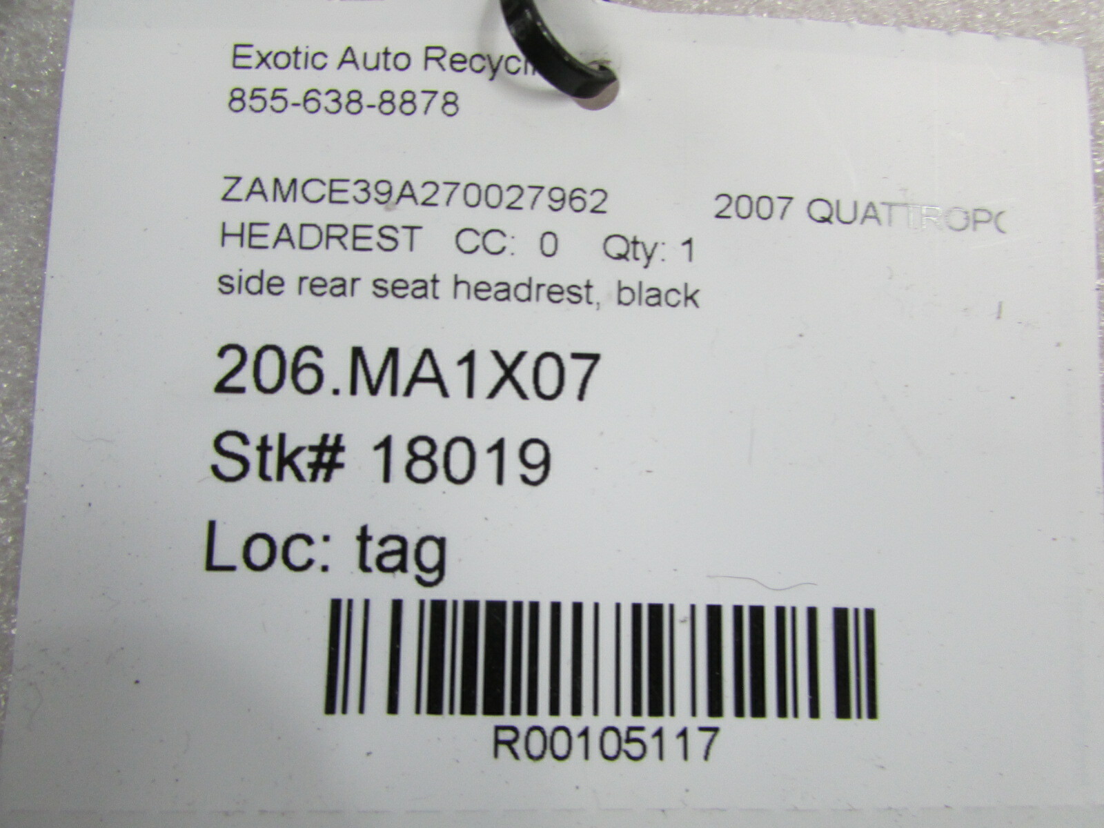 Maserati Quattroporte, Rear Side Seat Headrest, Black, Used