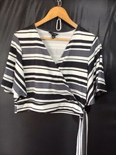 New Look Black & White Striped Ribbed Mock Wrap Crop Top Size 18 VGC