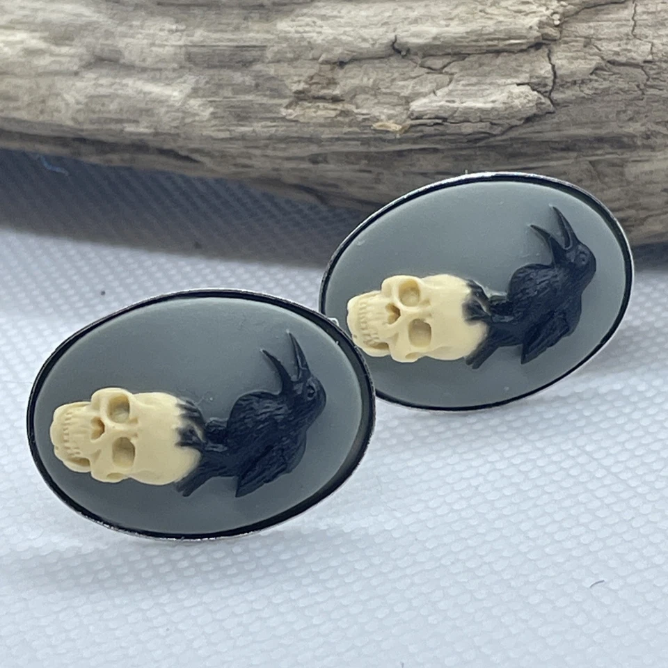 Gemelos camafeo calavera de cuervo gótico steampunk negro plata plata BODA PAPÁ HIJO Foto 4 de 4