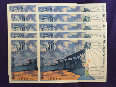 FRANCE 1997 ANTOINE DE ST. EXUPERY 50 FRANC NOTES / 10 SEQUENTIAL