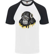 Monkey DJ Headphones Music Mens S/S Baseball T-Shirt