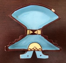 Vtg F.E. SIMS Ceramic Novelty ASHTRAY/Brown, Yellow, Blue/3.75x3.5”/Pasadena, CA