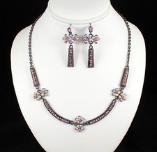 Lilac Flower Austrian Crystal Rhinestone Necklace Earrings Set Prom N937