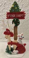 Fire Department Ornament SCHMID EMGEE Reindeer Dalmatians Wood 1984 Vintage
