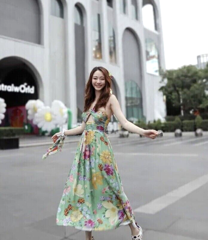 H&M Green Floral Halter Neck Midi Maxi Cut Out Summer Dress SIZE M 12 14  SS22 | eBay