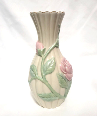 Lenox Embossed Pink Rose Bud Vase Cream Porcelain Ribbed Gold Rim