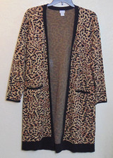 Chicos Open Front Long Cardigan Sweater Sz 2 Large Animal Print Tan Black