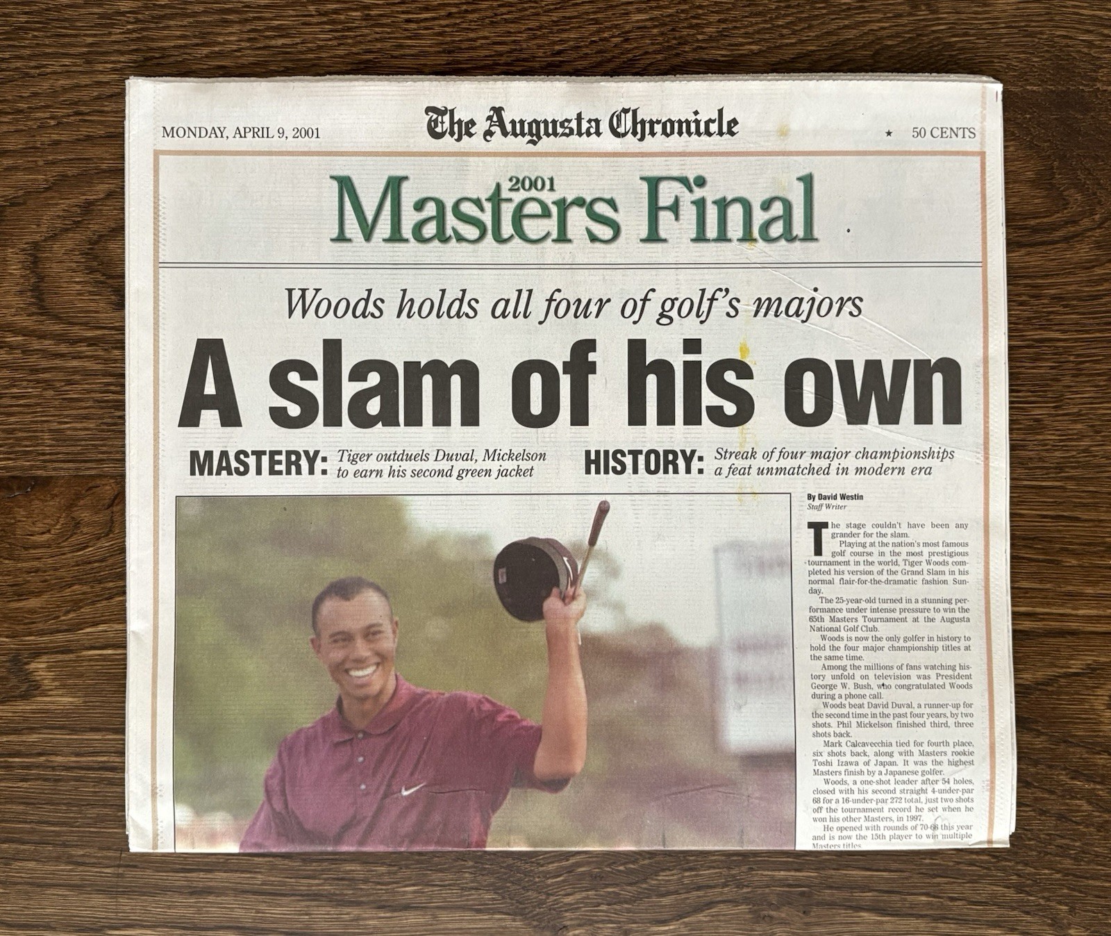 RARE 2001 Tiger Woods Masters “Tiger Slam” Complete Augusta Chronicle 4/9/2001