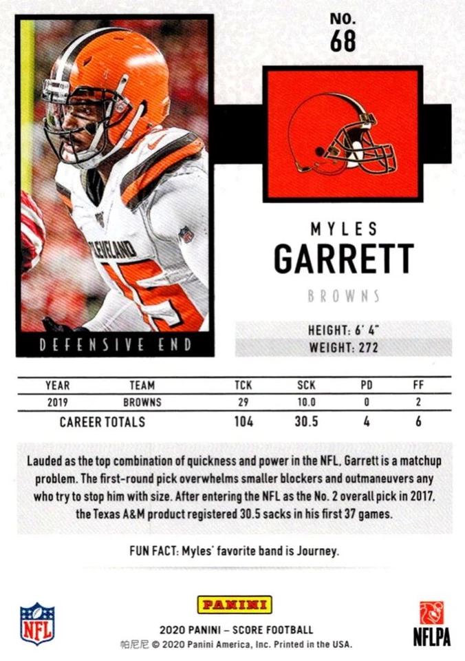 2020 Score Red Myles Garrett Cleveland Browns #68 - Image 2 of 2