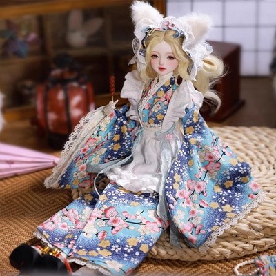 Full Set 1/4 BJD Doll Cute Maid Cat Ears Japanese Kimono Girl Face Makeup Gift