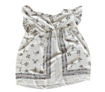 LOFT Shirt Womens Small White Floral Flutter Sleeve Split Neck Blouse Curved Hem
