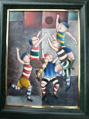 Signed Original Joyce Roybal Oil Children Volleyball Rugby Large