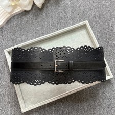Wide Waist Belt Women's Genuine Leather Cutout Geometric Silver Buckle Belts