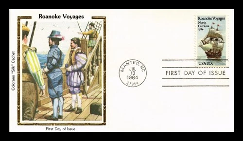 US COVER COLORANO SILK FIRST DAY OF ISSUE ROANOKE VOYAGES