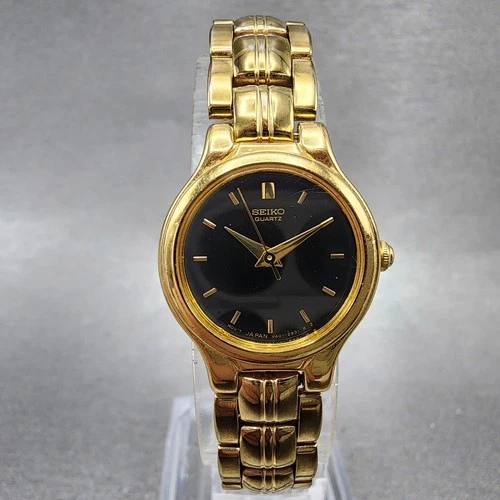 Seiko Watch Women 21mm Black Dial Gold Tone Round V401-1111 New Battery