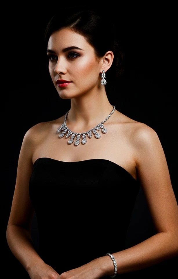 Комплект свадебных украшений с овальными подвесками из белого золота 18 карат с лабораторно созданным Swarovski - Изображение 4 из 4