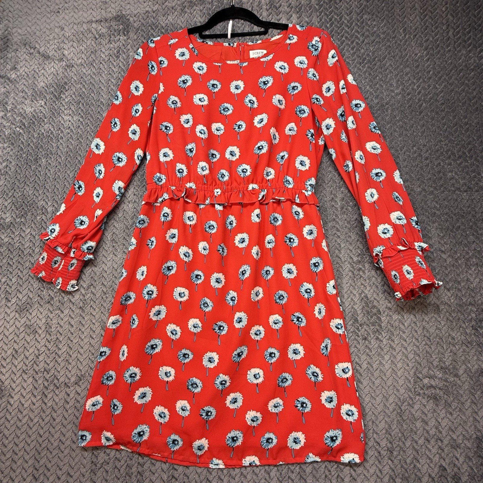 J. Crew Floral Ruffle Shift Dress Size 2 Red Blue Long Sleeve Lined Factory