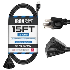 15 Ft Outdoor Extension Cord with 3 Electrical Power Outlets Durable Black Cable