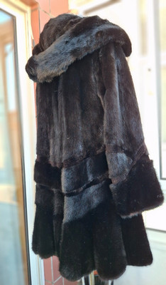 Genuine NERZ MINK НОРКА fur coat with hood , black color ./445/