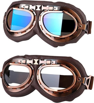 Goggles, 2 Pack Vintage Pilot Style Riding Goggle Brown / Clear + Colorful Lens