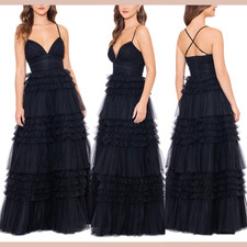 NWT 310 Betsy  Adam  12  V-Neck Sleeveless Tiered Ruffle Mesh Gown J2256