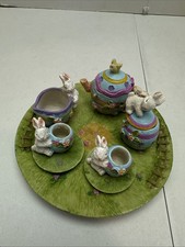 Vintage Miniature Tea Set Easter Garden Bunnies Party -8 Pc Set