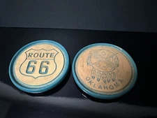2-VINTAGE FRANKOMA ROUTE 66 & OKLAHOMA TERRACOTTA & TEAL COASTERS 3.5”