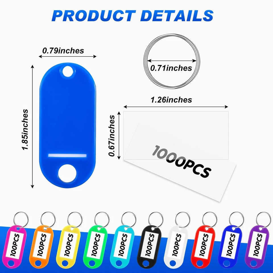 1000 Pcs Plastic Key Tags with Label Window 10 Assorted Colorful Key Ring Tag... - Image 2 of 4