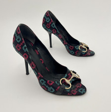 Gucci | GG Monogram Horse Bit Black Pink Blue Rhinestone Peep Toe Pumps (38.5)