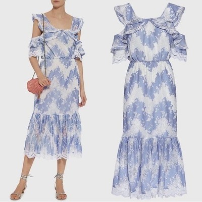 Marissa Webb Kendra Floral Eyelet Lace Trim Ruffled Midi Dress Size Medium Blue
